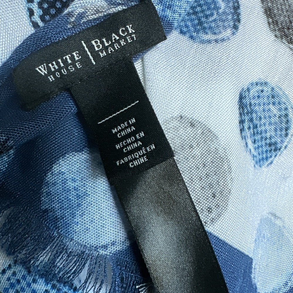 White House Black Market Blue Polka Dot Printed Scarf Fringe Edges Gift For Her - Picture 7 of 10